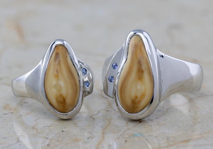 Yogo Sapphire and Elk Ivory Signet Ring Set