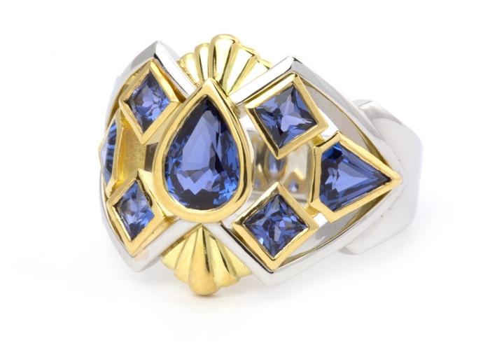 Custom Art Deco Yogo Sapphire Two-Tone Ring