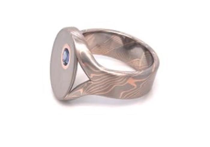 Custom Mokumegane Yogo Sapphire Signet Ring