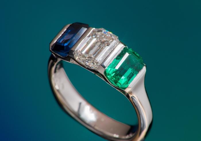 Yogo Diamond Emerald Three-Stone Ring
