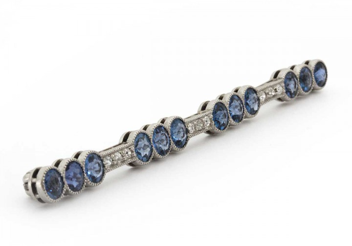 Platinum Yogo Sapphire and Diamond Estate Bar Pin