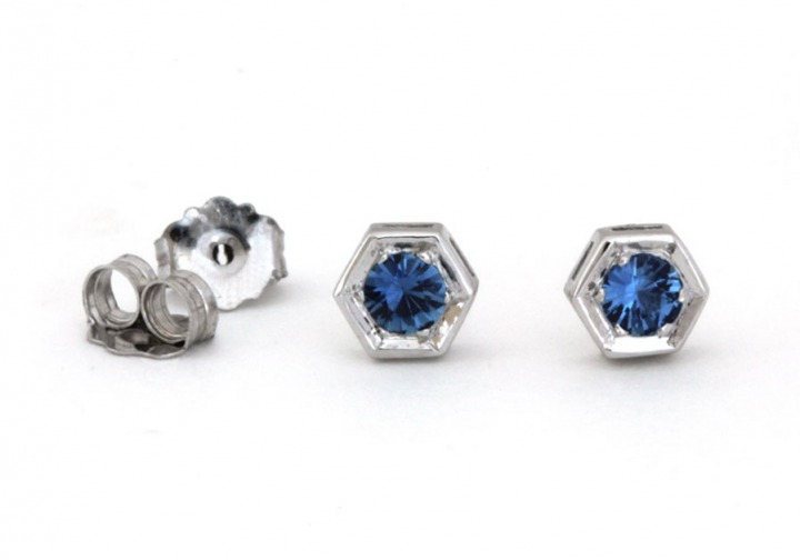 14K Yogo Sapphire Hexagonal Stud-Earrings