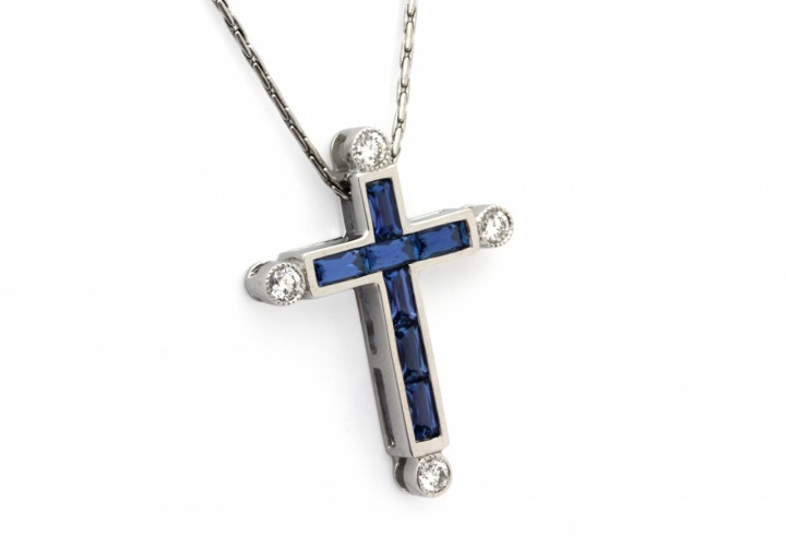 14K Yogo Sapphire & Diamond Cross