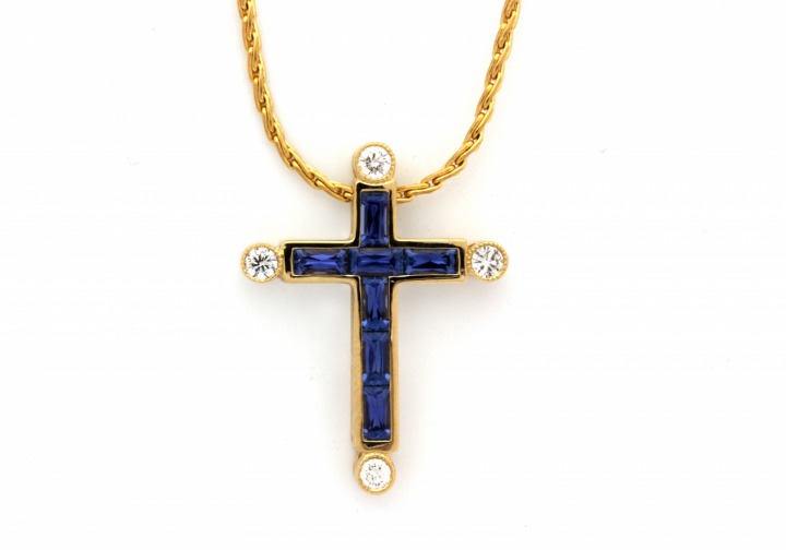 14K Yogo Sapphire & Diamond Cross Pendant