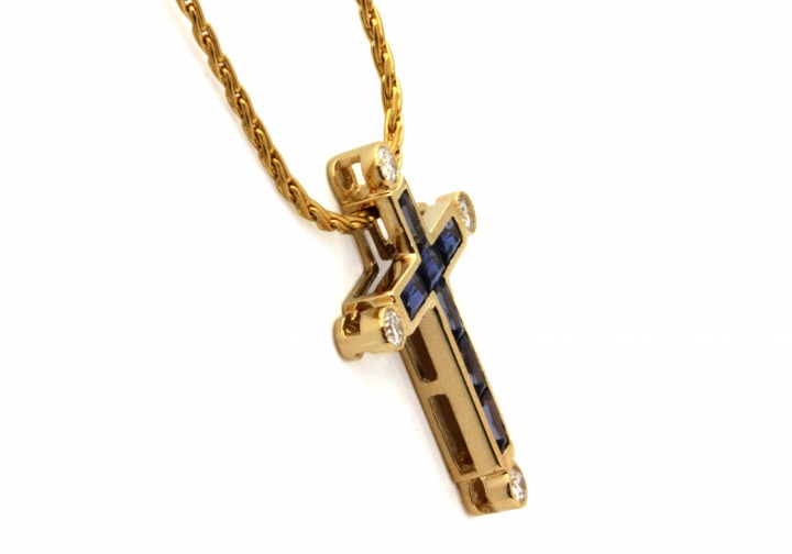 14K Yogo Sapphire & Diamond Cross Pendant