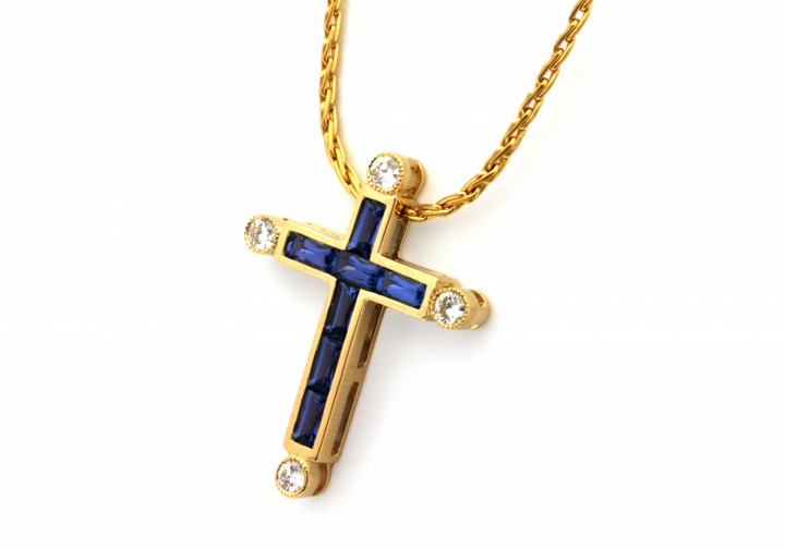 14K Yogo Sapphire & Diamond Cross Pendant
