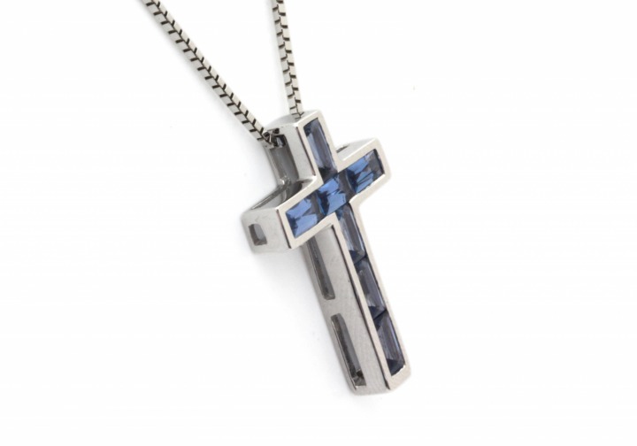 14K Yogo Sapphire Cross Pendant