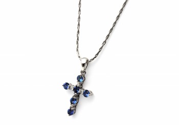 14K Yogo Sapphire and Diamond Cross Pendant