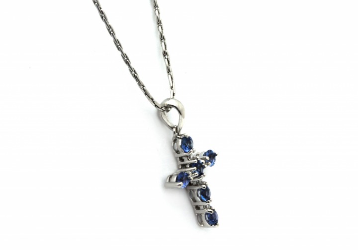 14K Yogo Sapphire and Diamond Cross Pendant