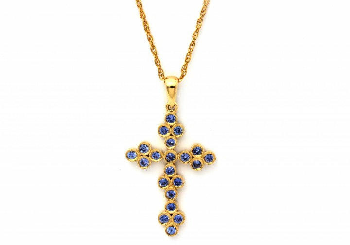 14K Yogo Sapphire Cross Pendant