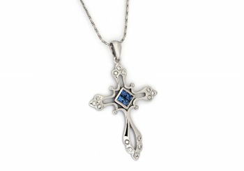 14K Yogo Sapphire & Diamond Cross Pendant