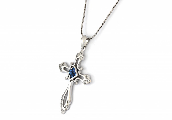 14K Yogo Sapphire & Diamond Cross Pendant
