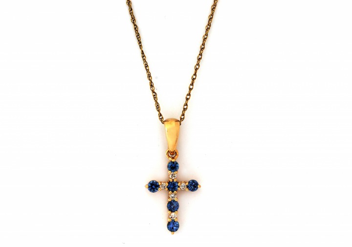 14K Yogo Sapphire & Diamond Cross Pendant
