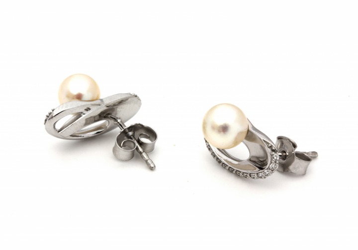 14K Pearl and Diamond Stud Earrings