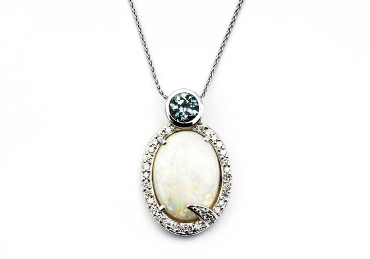 14K Opal, Fancy Montana Sapphire and Diamond Pendant