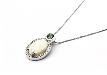 14K Opal, Fancy Montana Sapphire and Diamond Pendant