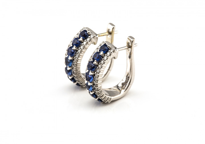 14K Yogo Sapphire & Diamond Hoop Earrings