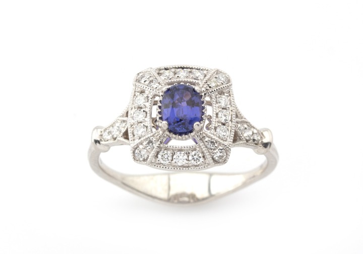 14K Oval Yogo Sapphire and Diamond Halo Ring