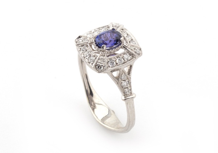 14K Oval Yogo Sapphire and Diamond Halo Ring