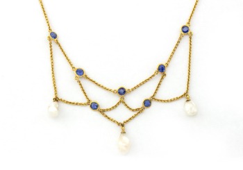 18K Yogo Sapphire and Pearl Vintage Necklace