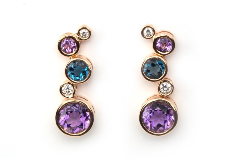 14k Amethyst, London Topaz, and Diamond Drop Earrings