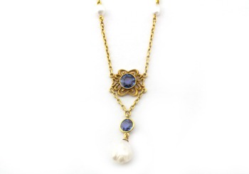 18K Yogo Sapphire and Natural Pearl Vintage Necklace