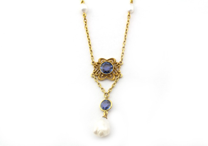 18K Yogo Sapphire and Natural Pearl Vintage Necklace