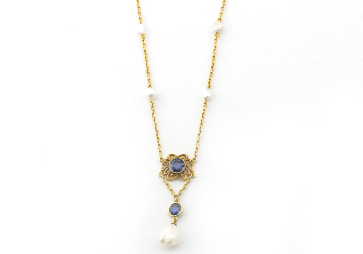 18K Yogo Sapphire and Natural Pearl Vintage Necklace