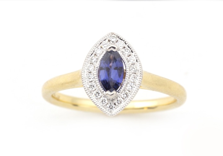 14k Yogo Sapphire and Diamond Marquise Ring