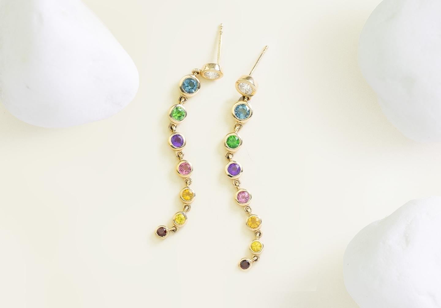 14K Rainbow Gemstone Long Dangle Earrings