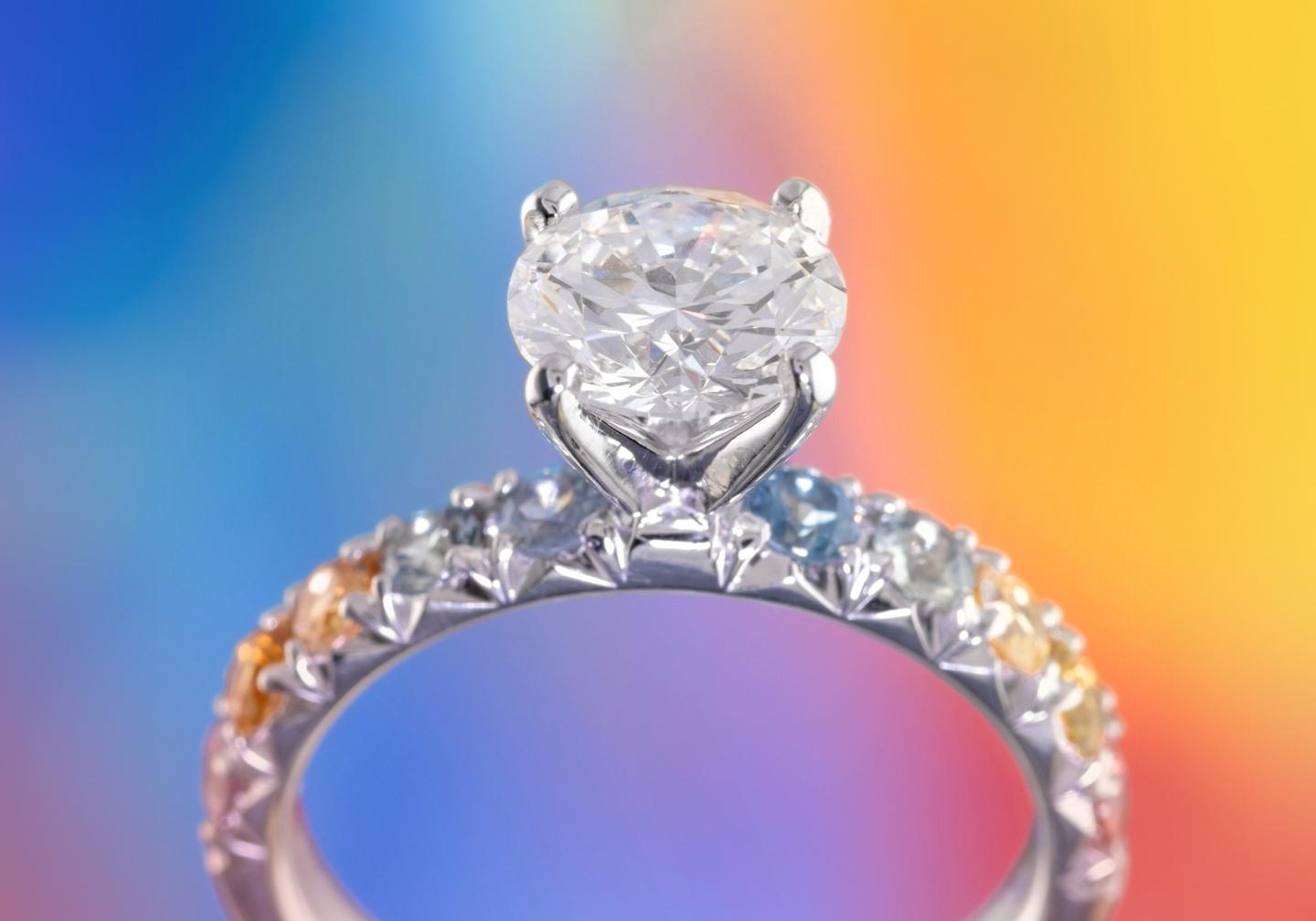 14K Rainbow Montana Sapphire & Lab Diamond Ring