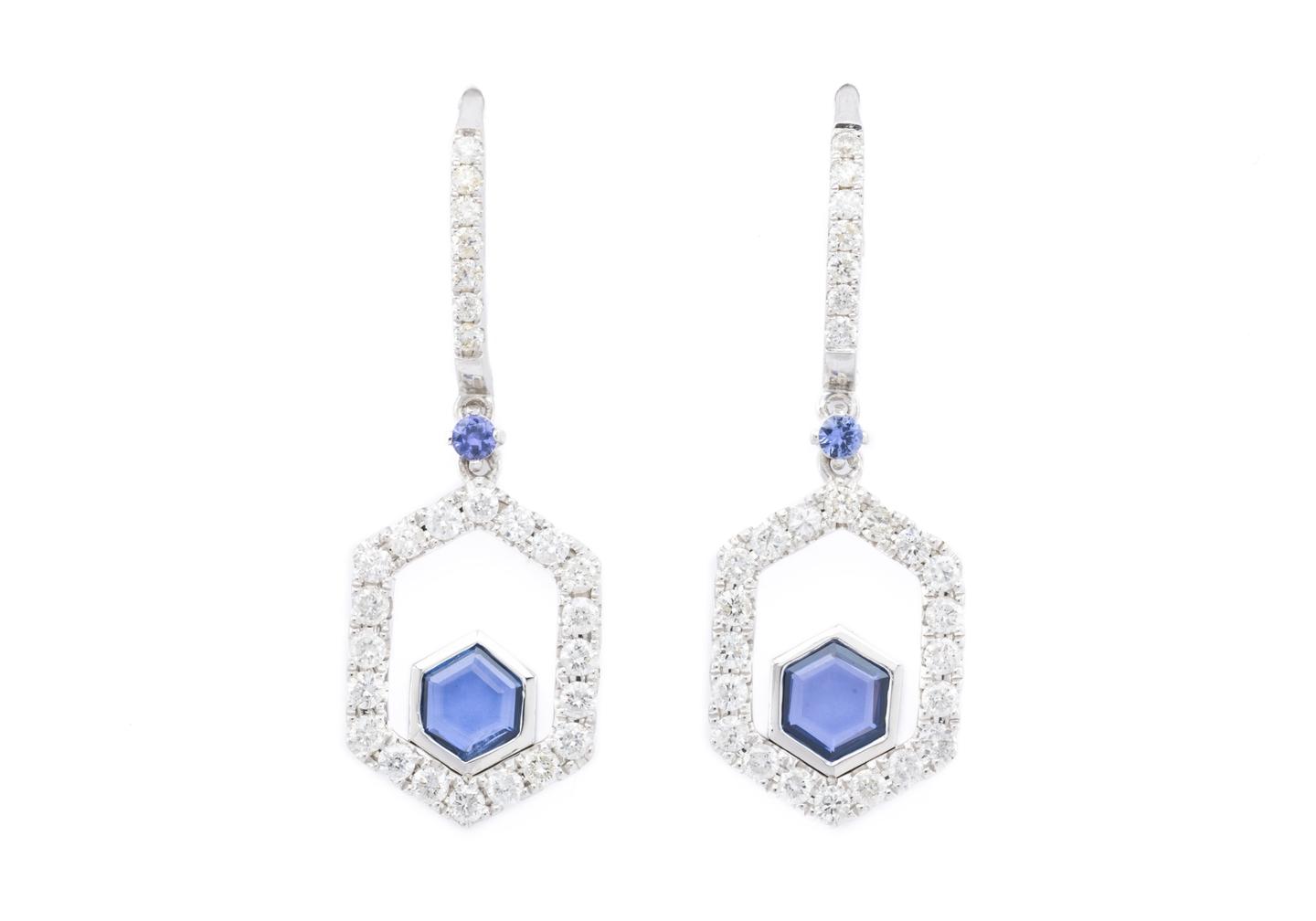 14K Yogo Sapphire Geometric Dangle Earrings