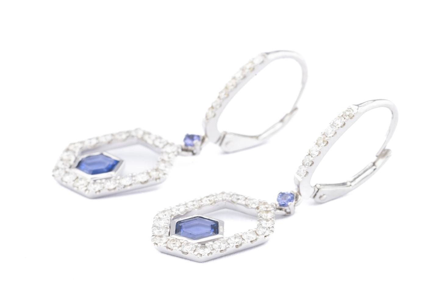 14K Yogo Sapphire Geometric Dangle Earrings