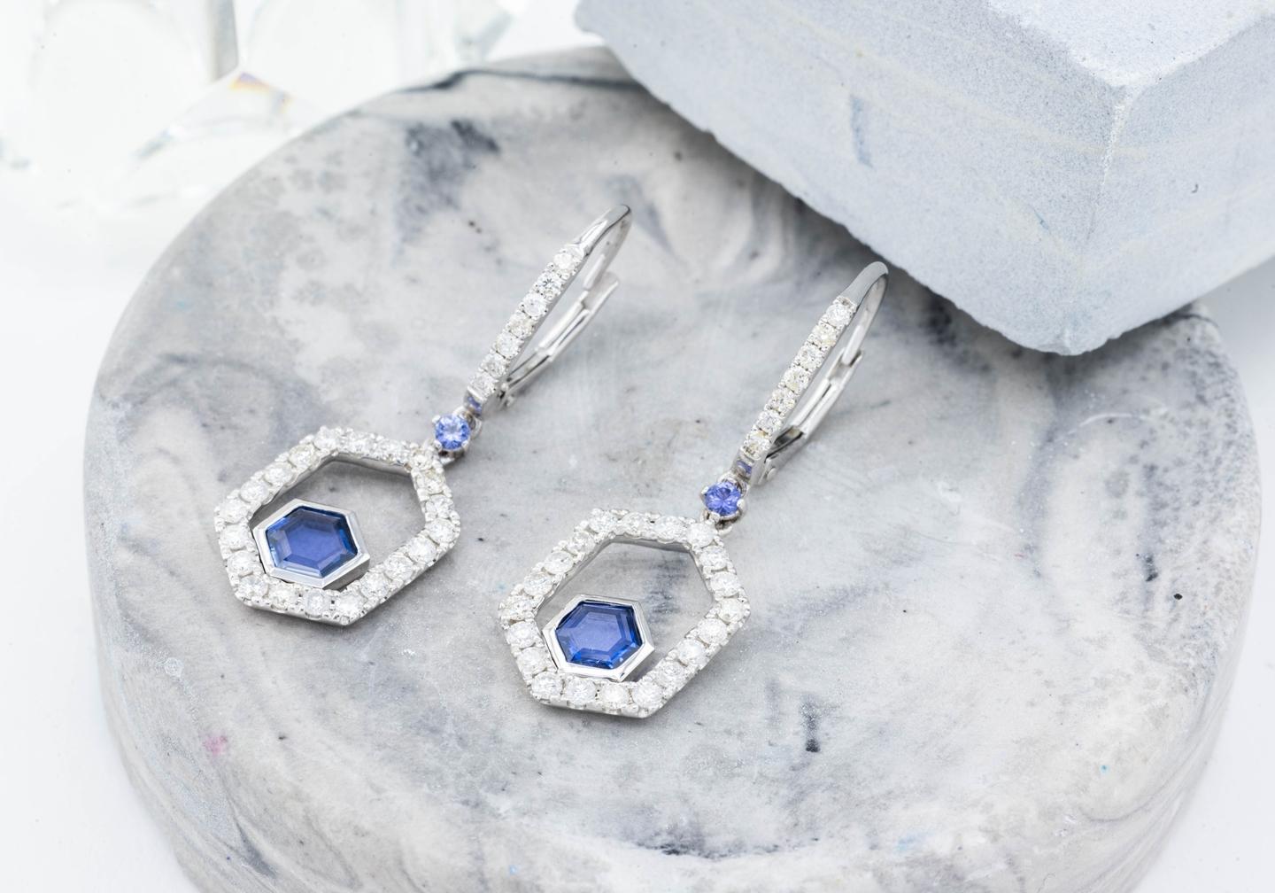 14K Yogo Sapphire Geometric Dangle Earrings