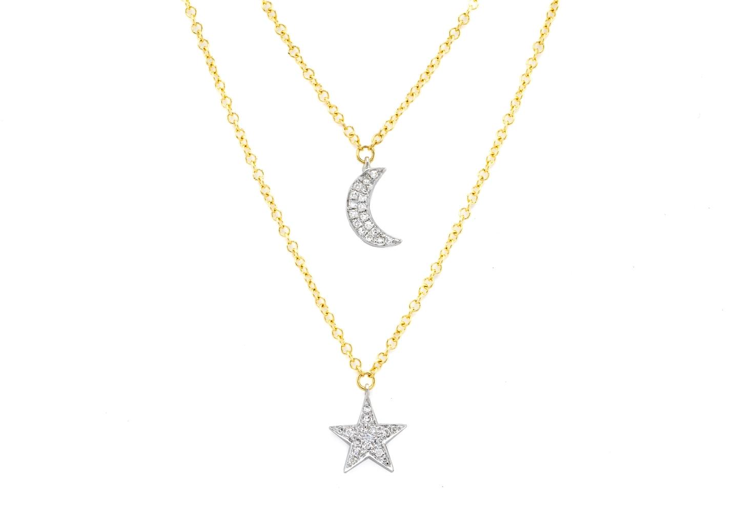 14K Moon & Star Double Pendant Necklace