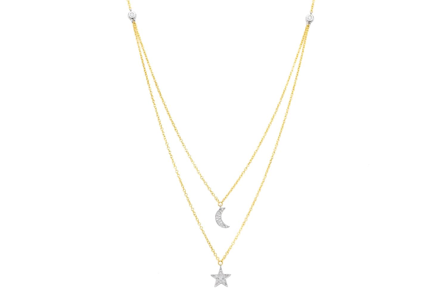 14K Moon & Star Double Pendant Necklace