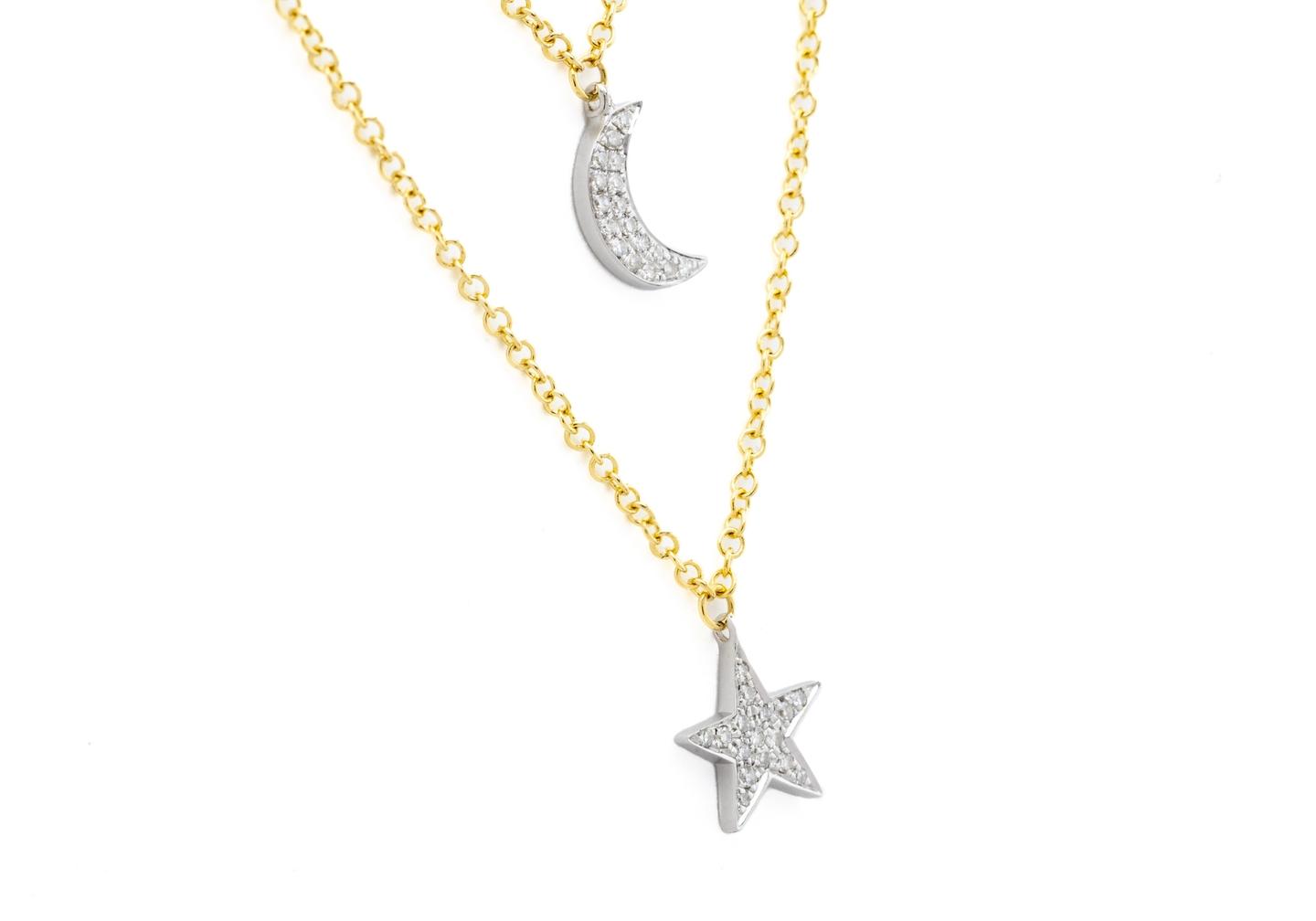 14K Moon & Star Double Pendant Necklace