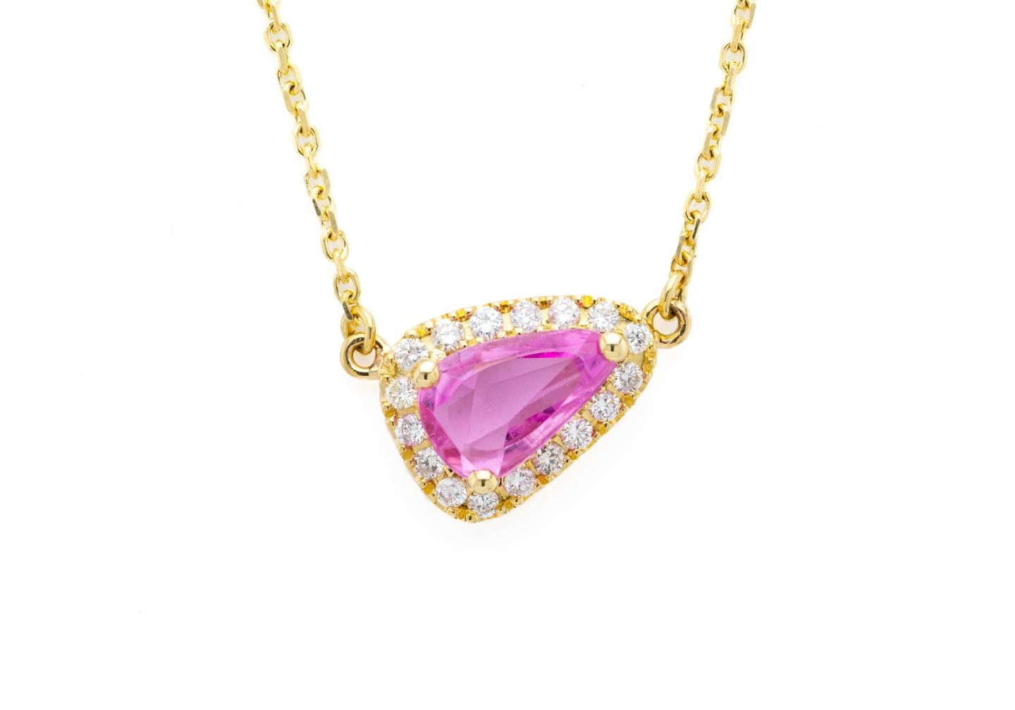 14K Pink Sapphire Diamond Halo Necklace