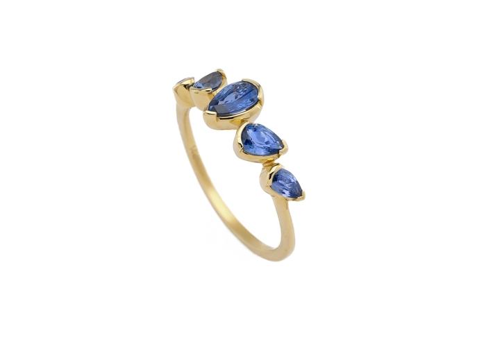 14K Five Stone Pear Shape Yogo Sapphire Ring