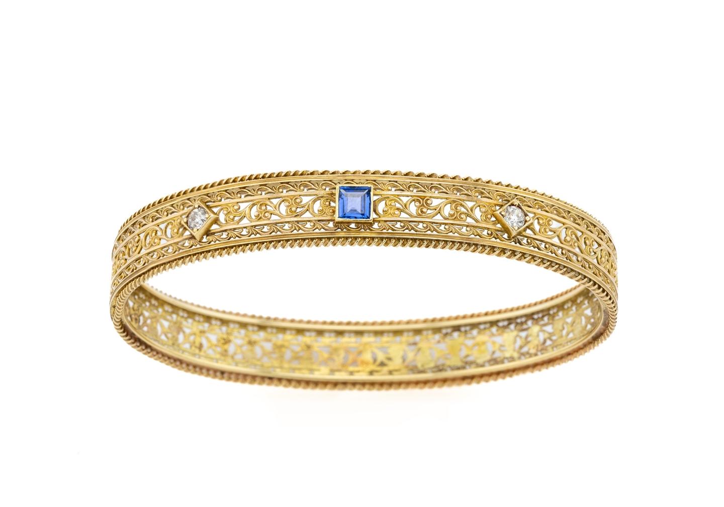 Vintage 14K Yogo Sapphire and Diamond Bangle Bracelet