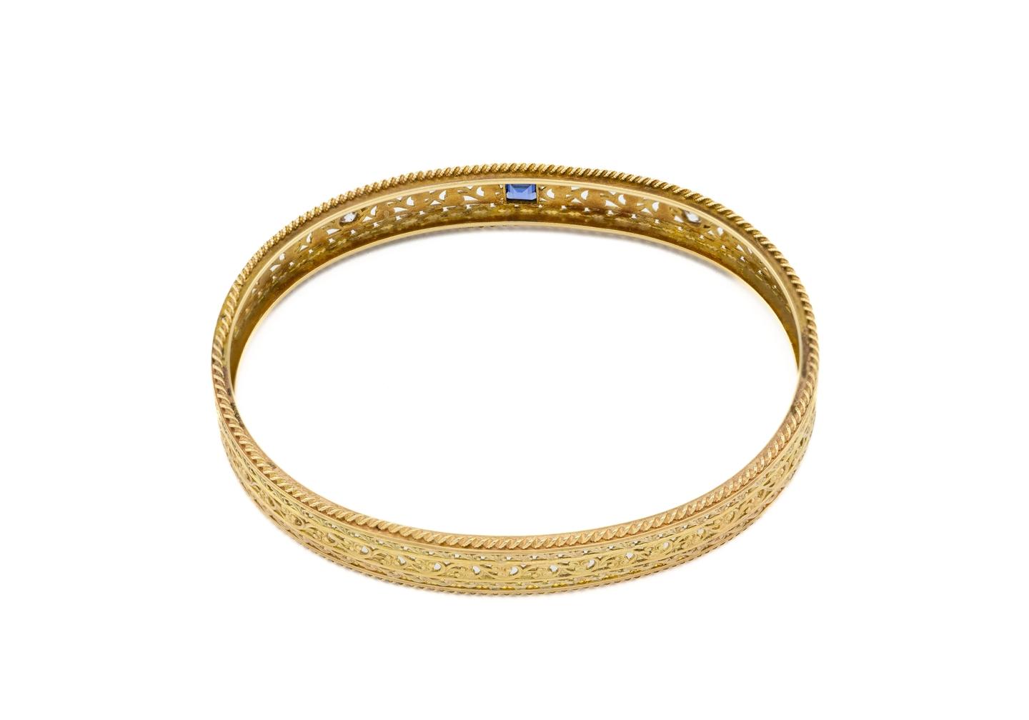 Vintage 14K Yogo Sapphire and Diamond Bangle Bracelet