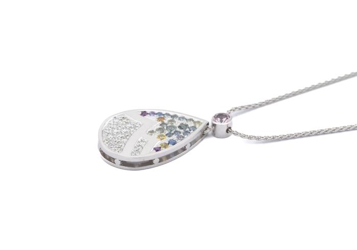 14K white gold teardrop pendant with Montana Sapphires in a mountain design and pavé Diamonds