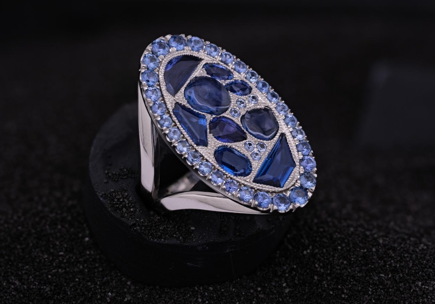 14K Yogo Sapphire Mosaic Cocktail Ring