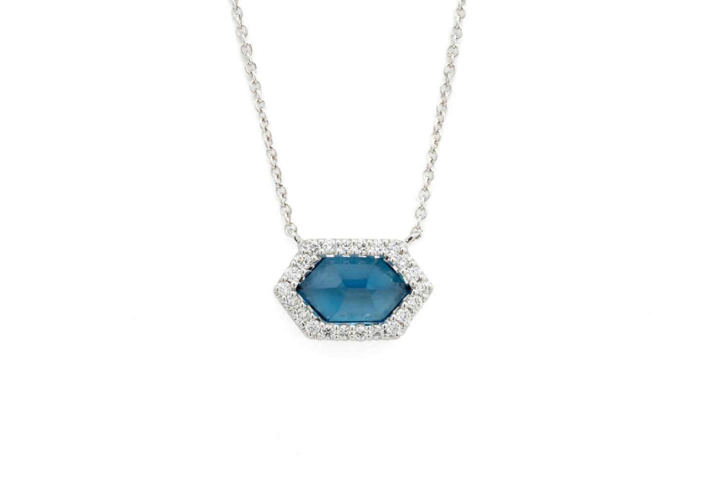14K Blue Topaz Halo Necklace