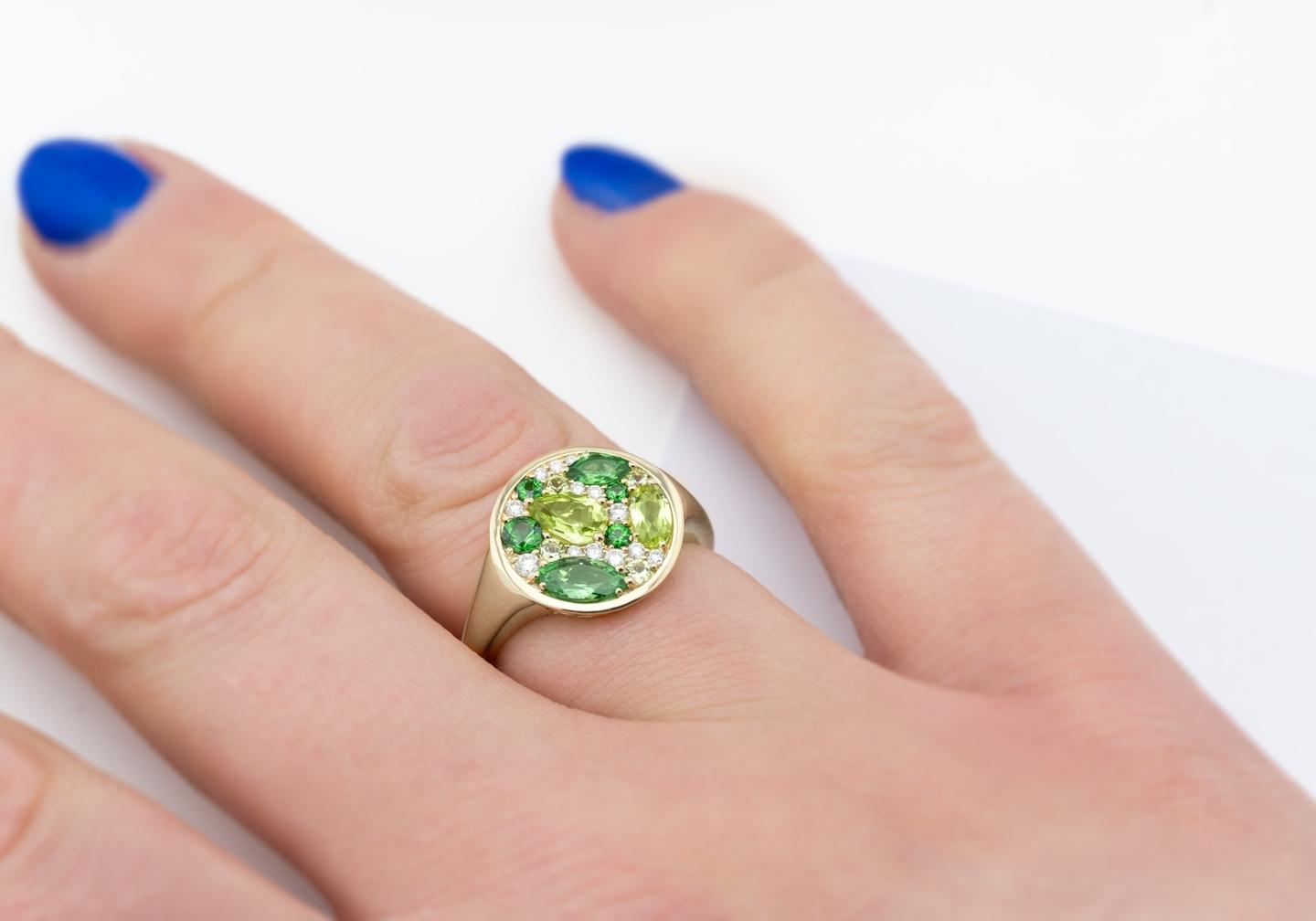 14K Tsavorite, Peridot, & Diamond Mosiac Cocktail Ring