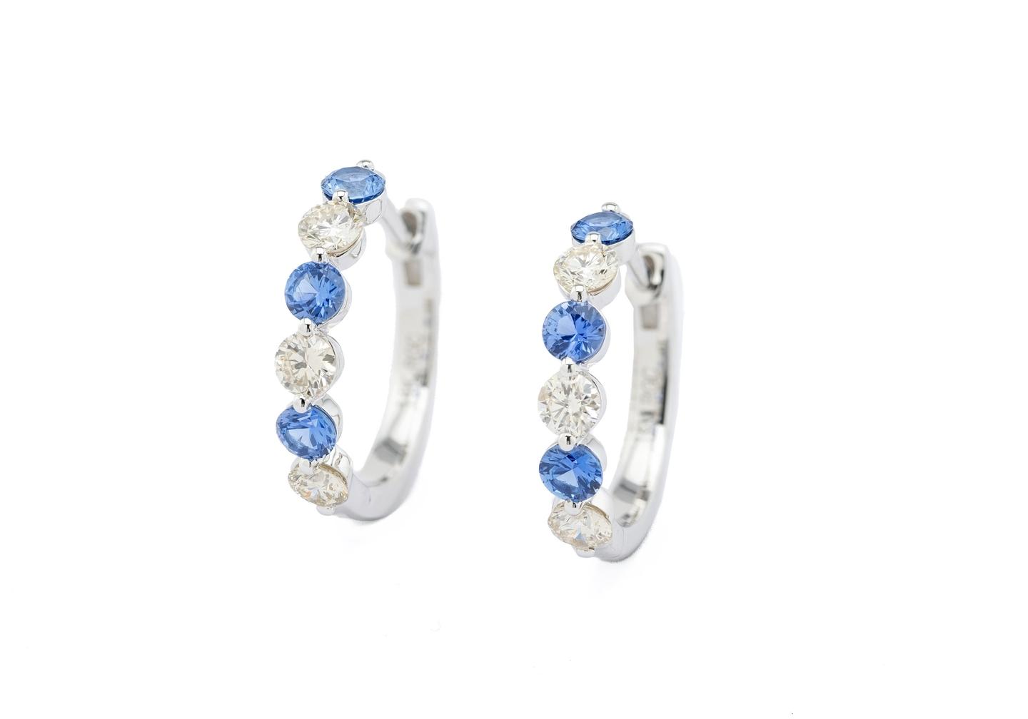 14K Yogo Sapphire & Diamond Hoop Earrings