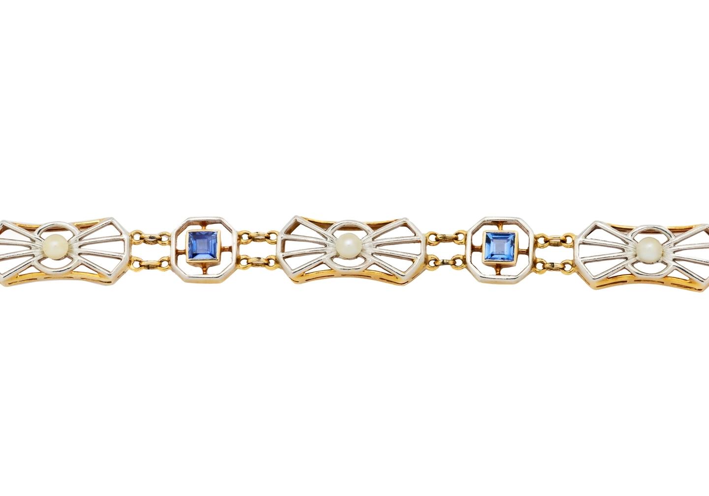 Vintage 14K Yogo Sapphire and Pearl Art Deco Bracelet