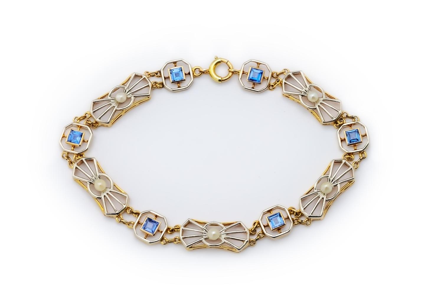 Vintage 14K Yogo Sapphire and Pearl Art Deco Bracelet