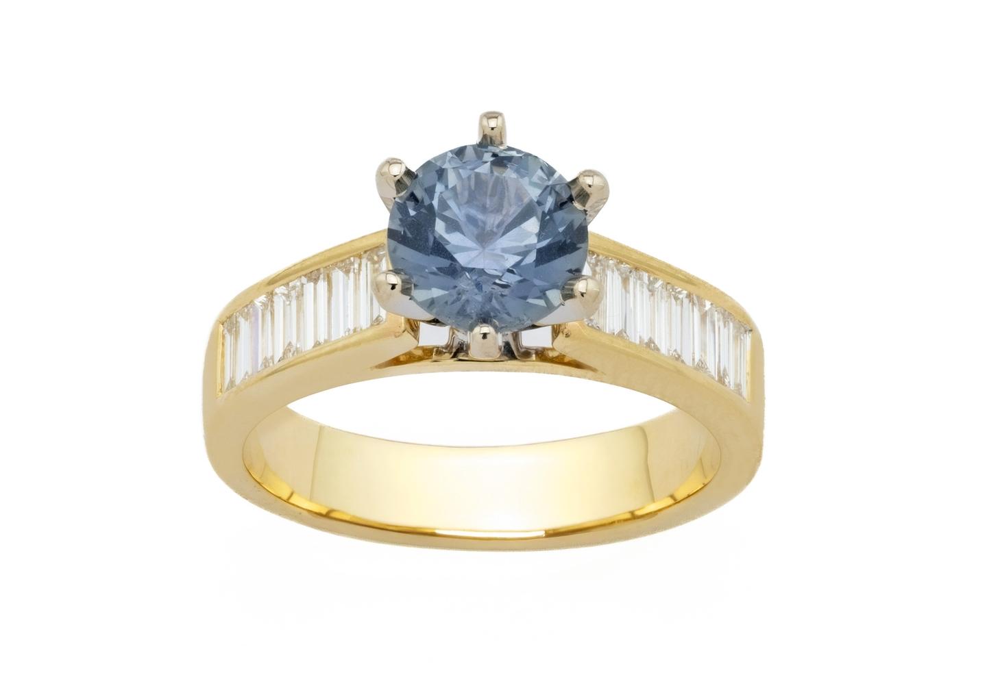 14K Montana Sapphire & Baguette Cut Diamond Engagement Ring