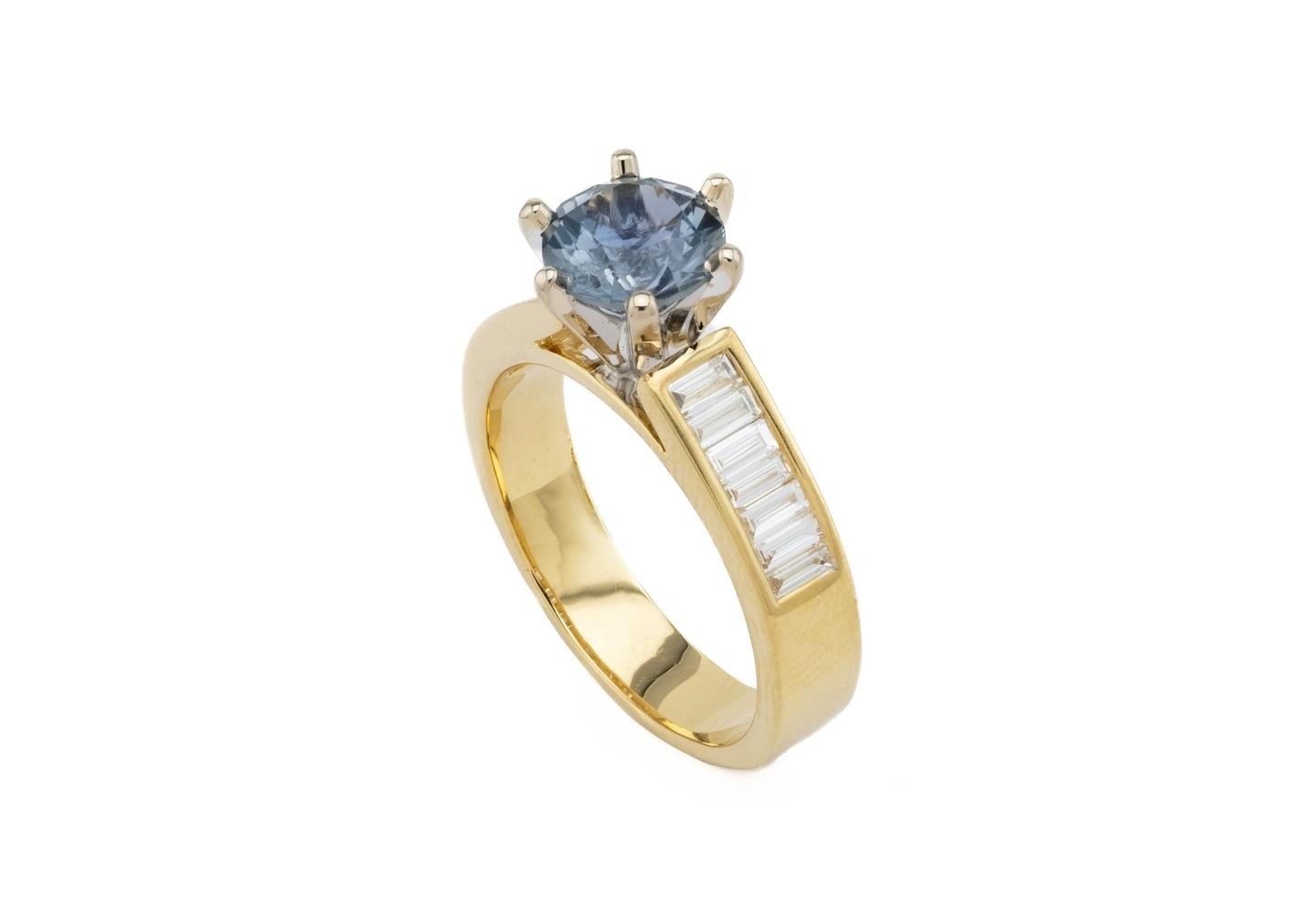 14K Montana Sapphire & Baguette Cut Diamond Engagement Ring
